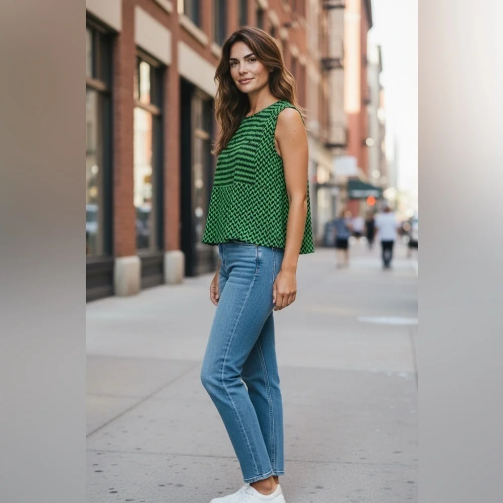 Tory Burch 100% silk Green and Black Sleeveless Top
